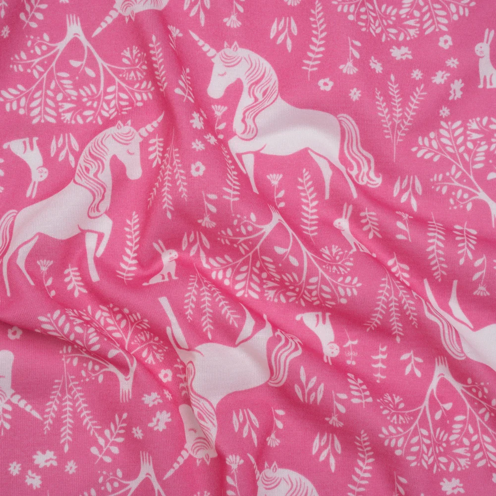 Image of Recycled Polyester Jersey - Pink and White Unicorn Woodland - Deadstock