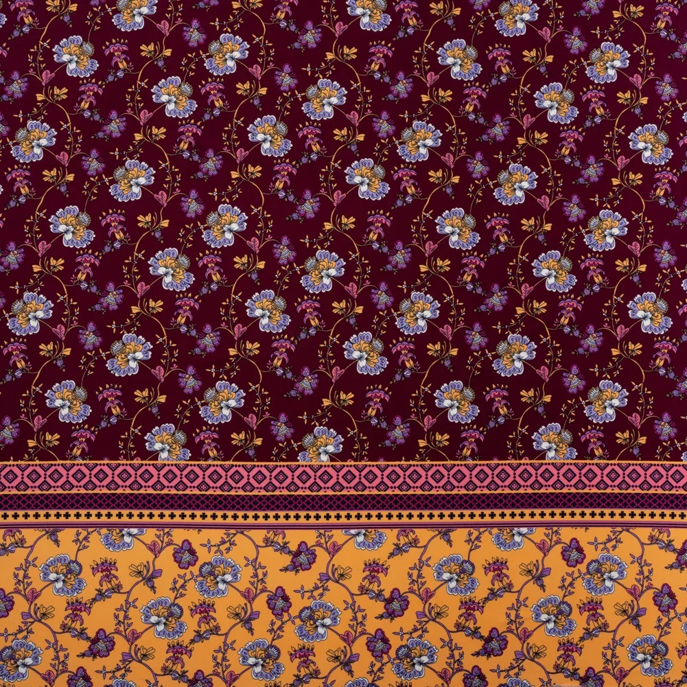 Image of Stretch Polyester Tricot Panel - Burgundy, Creamsicle and Lilac Floral Patchwork and Decorative Stripes - Designer Deadstock