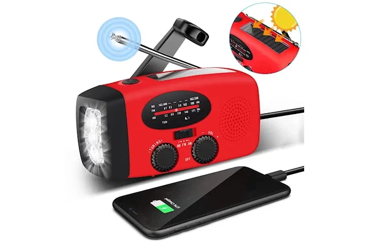 Vevradio med Solceller, Ficklampa och 2000mAh Powerbank SOS