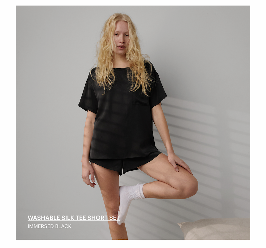 washable silk tee short set, immersed black 