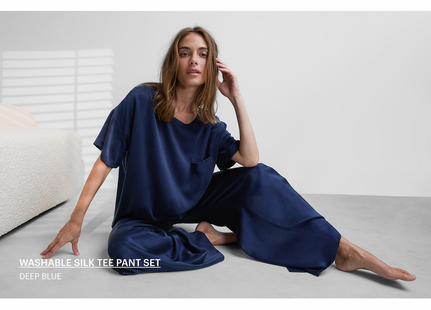 washable silk tee pant set, deep blue 