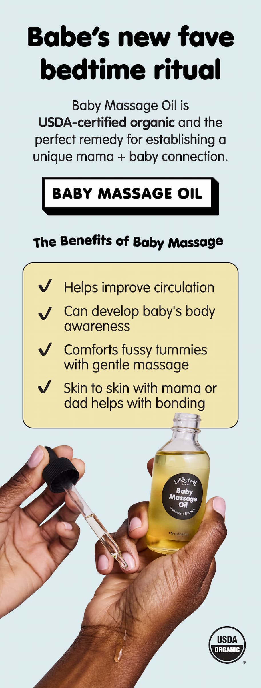 Parent gently massages their baby's skin with Tubby Todd Baby Massage Oil. Learn how baby massage can support circulation, body awareness, digestion, and parent-baby bonding while nourishing delicate skin with USDA Organic sunflower oil, rosehip seed oil, and lavender oil.