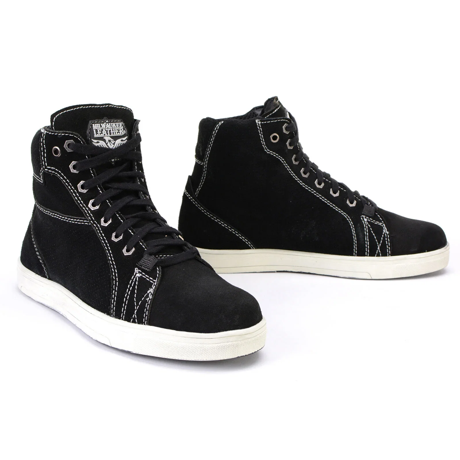 Image of Milwaukee Leather MBM9107 Men's Black Suede Leather w/ White Stitching Reinforced Street Riding Shoes w/ Ankle Support