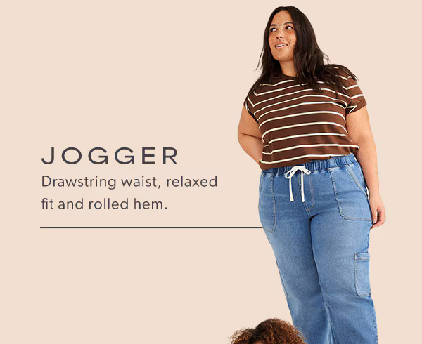 Jogger. Drawstring waist, relaxed fit and rolled hem. Model wearing maurices clothing.