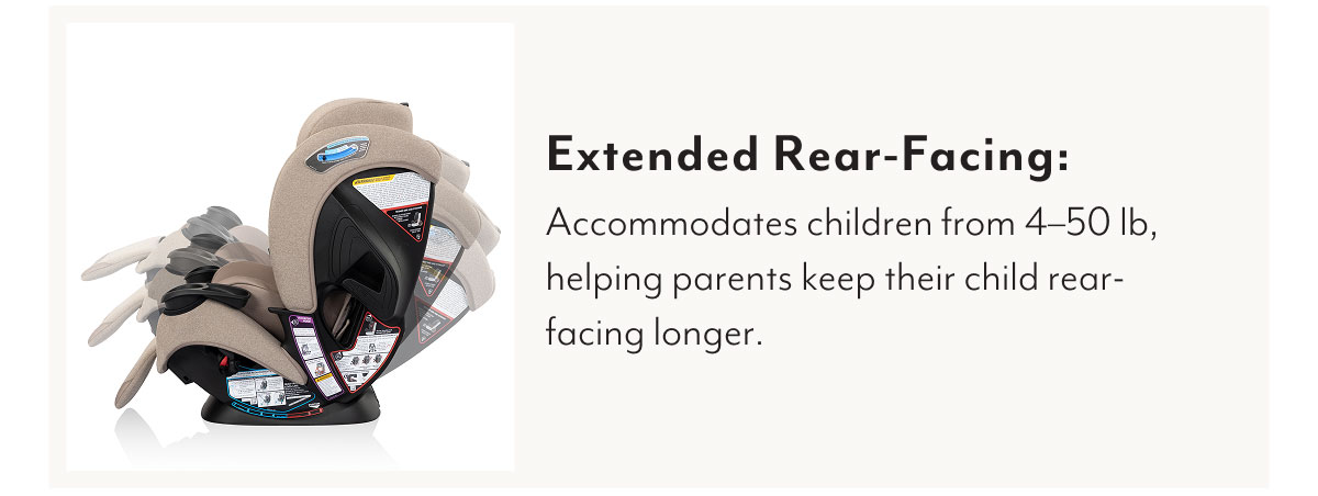 Extended Rear-Facing: Accommodates children from 4–50 lb, helping parents keep their child rear-facing longer.