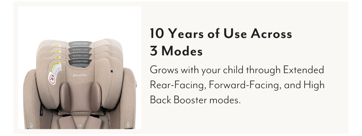 10 Years of Use Across 3 Modes | Grows with your child through Extended Rear-Facing, Forward-Facing, and High Back Booster modes.
