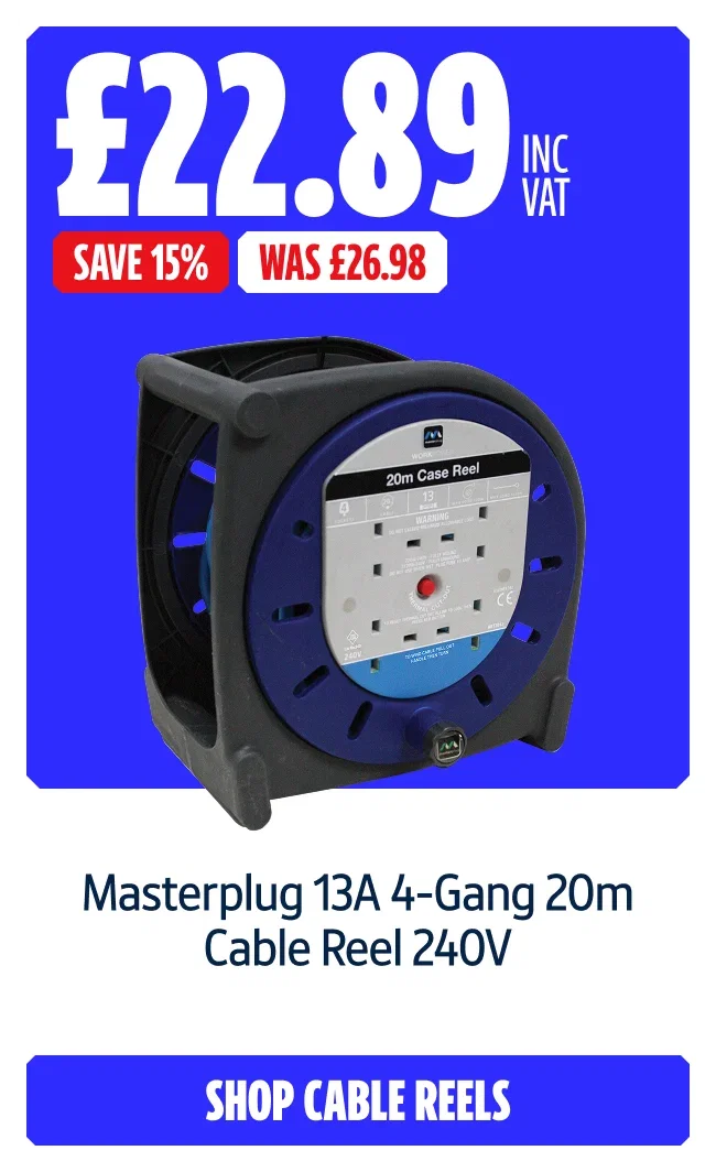 Save 15% on Masterplug 13A 4-Gang 20m Cable Reel 240V. Now £22.89 inc VAT Was £26.98. Shop Cable Reels.