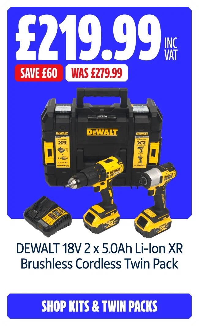 Save £60 on DEWALT 18V 2 x 5.0Ah Li-Ion XR Brushless Cordless Twin Pack. Now £219.99 inc VAT Was £279.99. Shop Kits & Twinpacks.