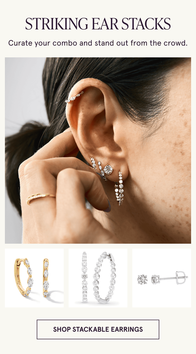 A model wearing 3 diamond hoops, a diamond stud and a gold diamond ring. Curate your combo. Click to shop stackable earrings