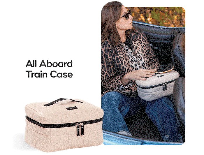 All Aboard Train Case. Inside mesh zip pocket and bright interior so nothing gets lost. SHOP NOW