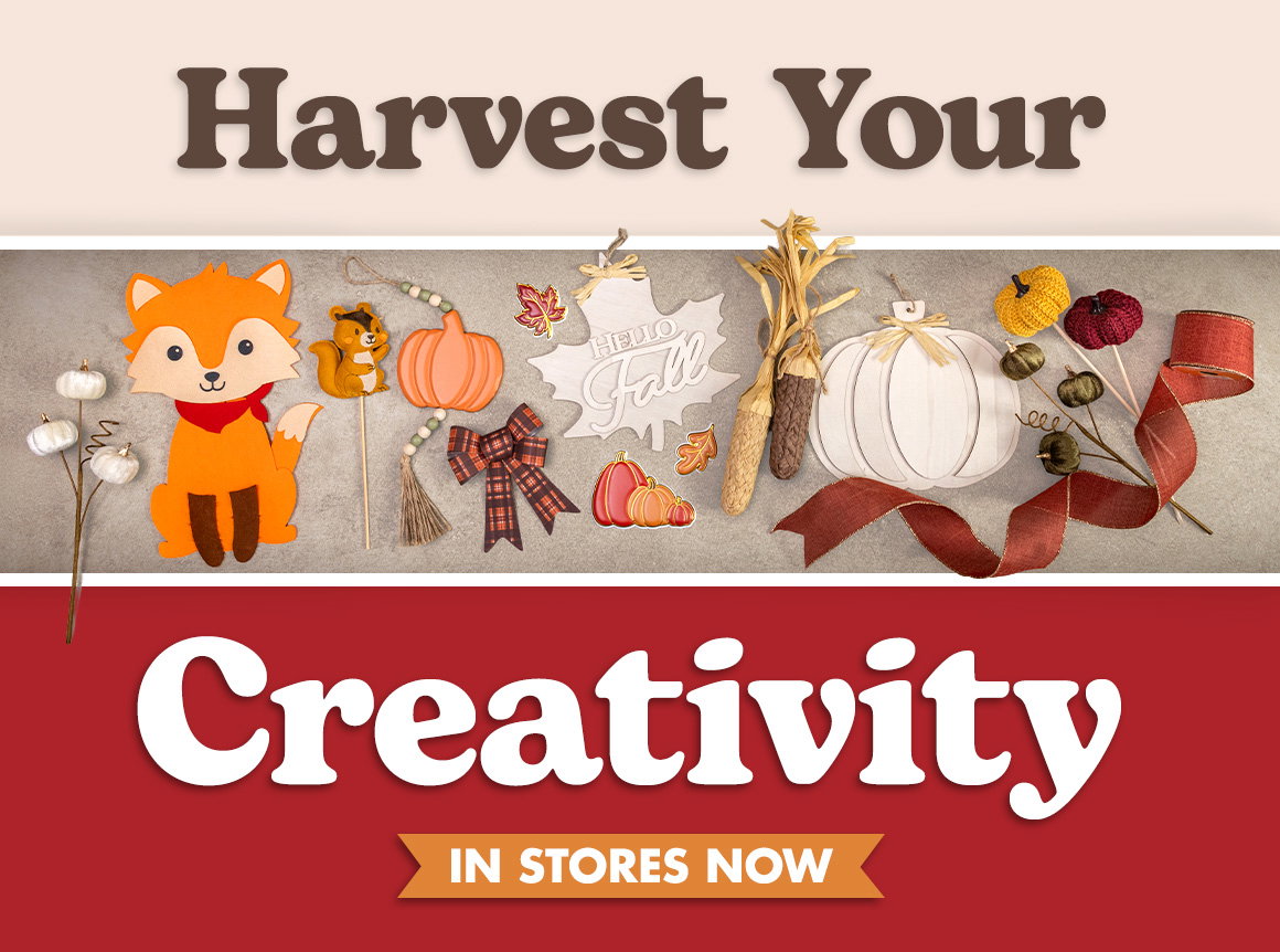Harvest Your Creativity. Image of fall-themed crafting supplies and projects arranged on a surface.