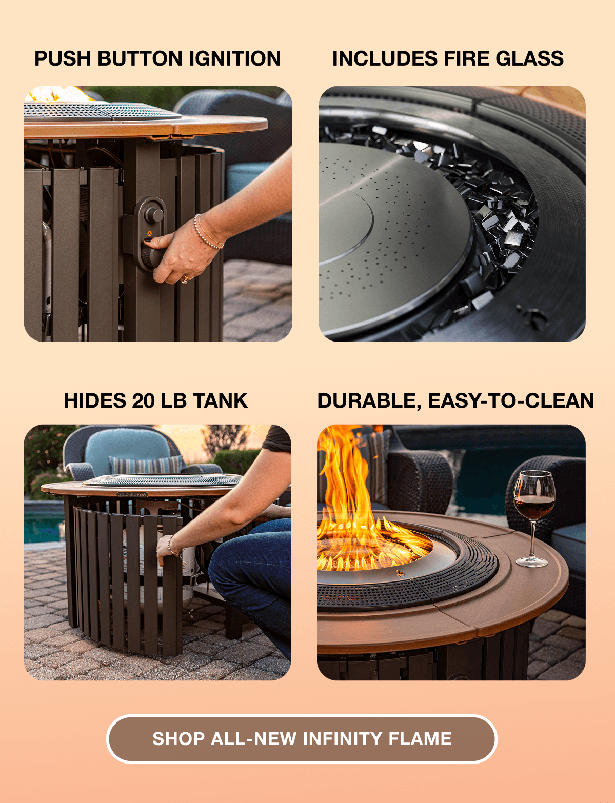 Infinity Flame Teak Steel Propane Fire Pit + Surround Surface
