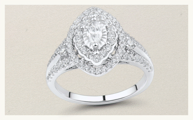 Rotating centered stone (varying shapes) diamond rings with diamonds bands.