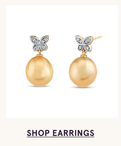 Gold drop studs with golden pearls topped with diamond-accented butterflies. Click here to shop earrings