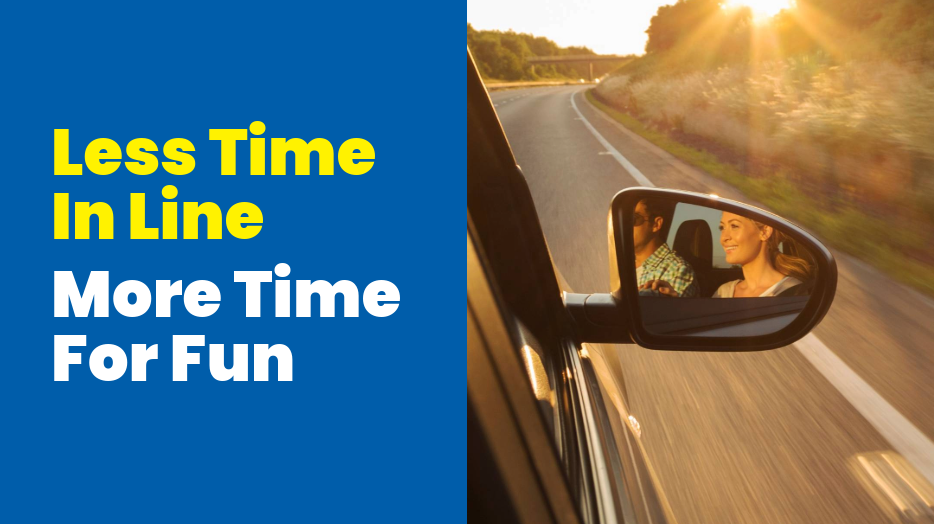 Skip the counter. Start the adventure. Car side mirror view during a sunset drive with a couple reflected in the mirror. 