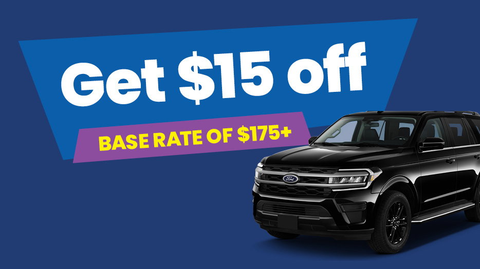 Get $15 off base rate of 175+. Black SUV on a blue background.