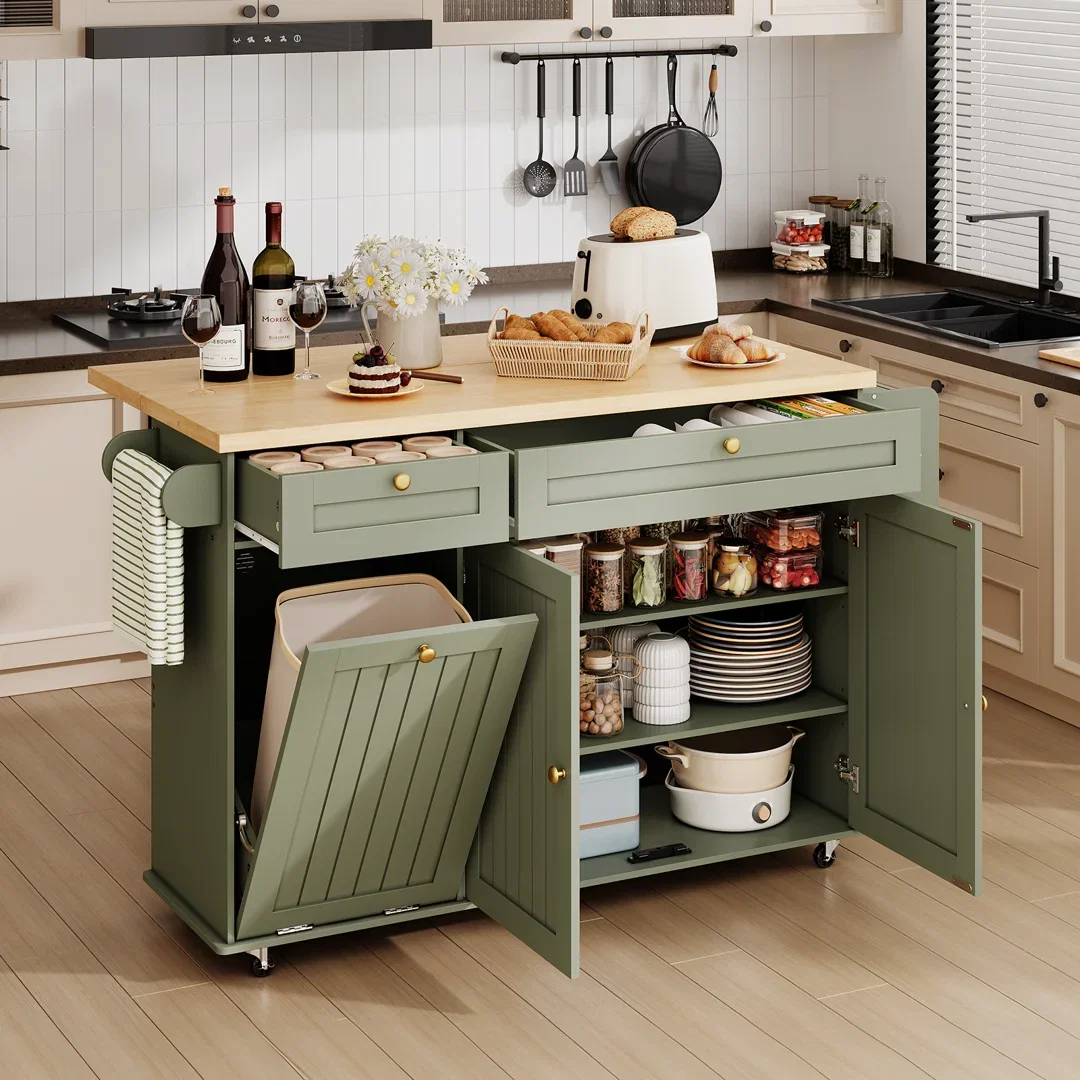 Jamera 60.2"W Kitchen Island with Two Large Storage Cabinets And Drawers, Locking Wheels
