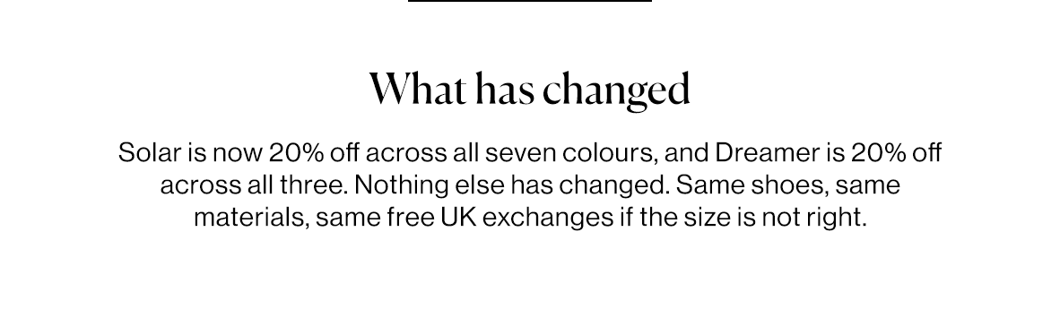Solar is now 20% off across all seven colours, and Dreamer is 20% off across all three. Nothing else has changed. Same shoes, same materials, same free UK exchanges if the size is not right.