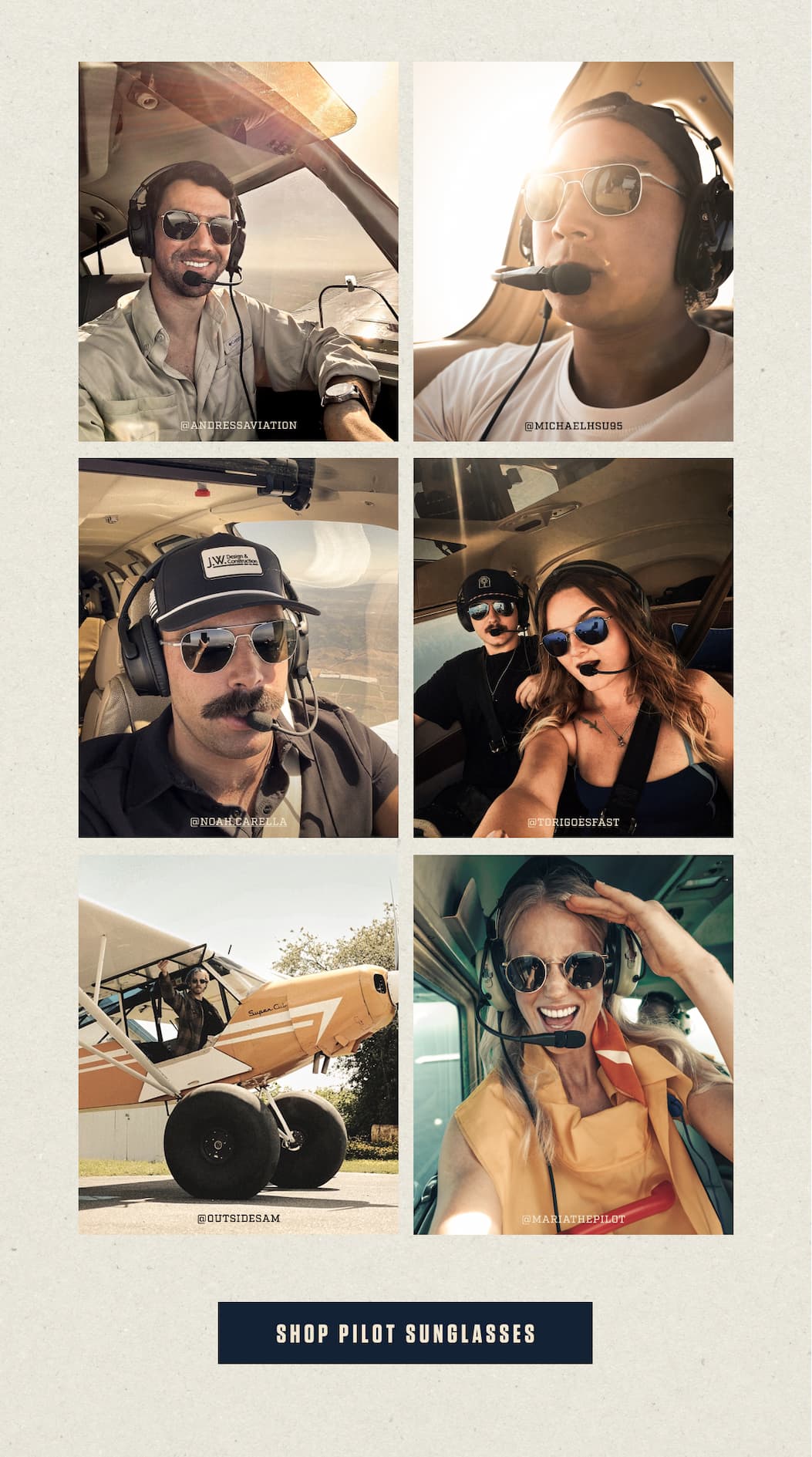 Randolph Aviator sunglasses worn by pilots and aviation enthusiasts in and around their aircraft.