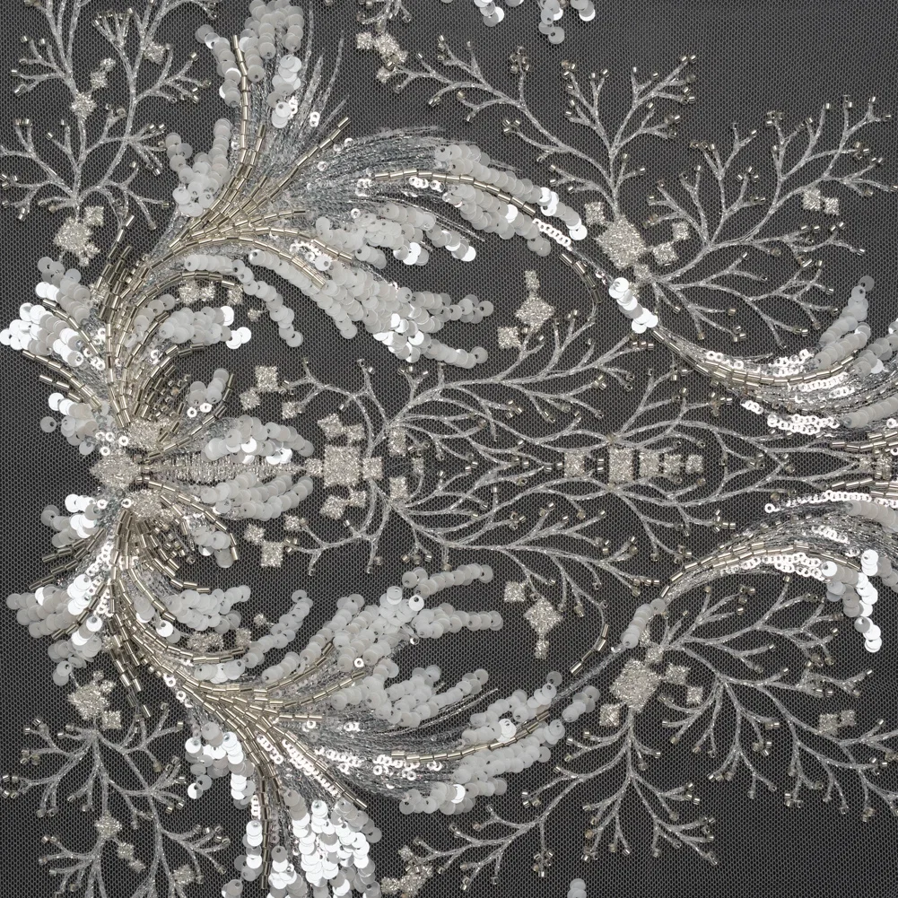 Image of Embroidered Lace Tulle with Beads and Sequins - Off White and Silver Fancy Plants