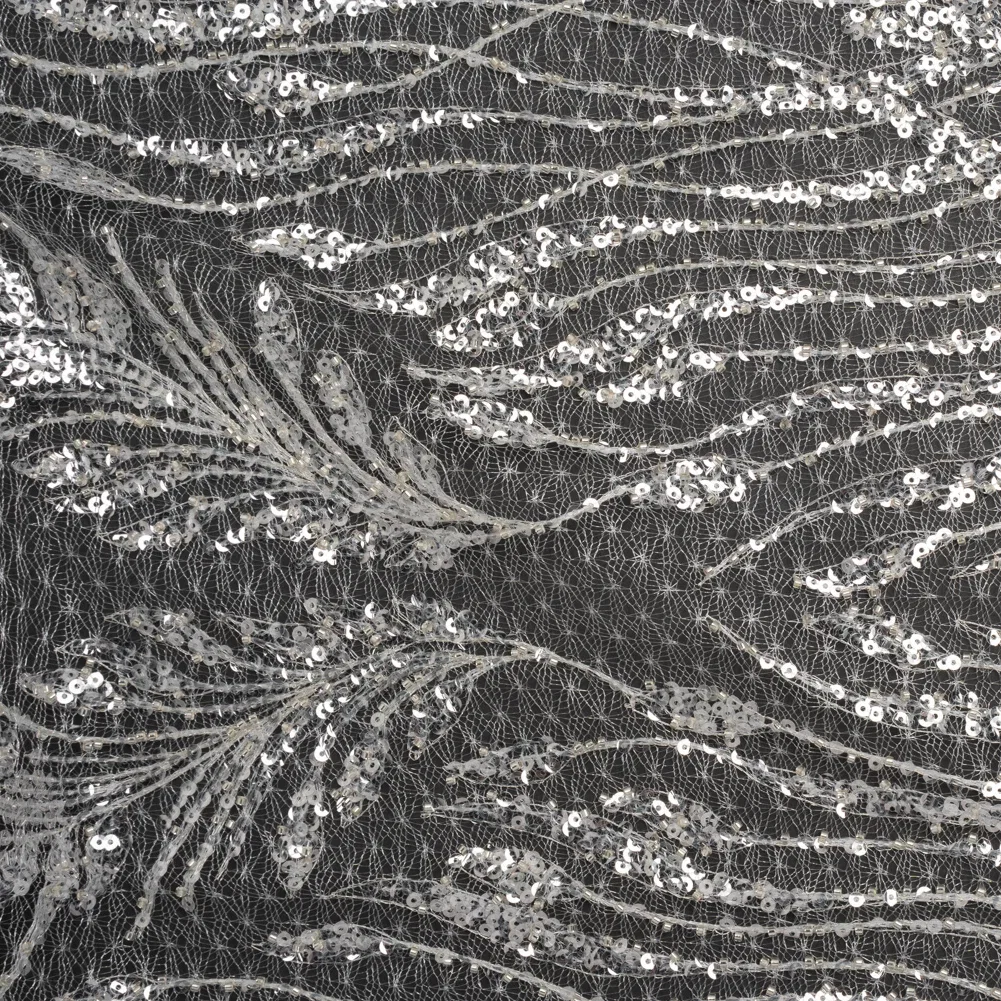 Image of Embroidered Lace Netting with Sequins - Off White and Silver Water Plants on Lattice
