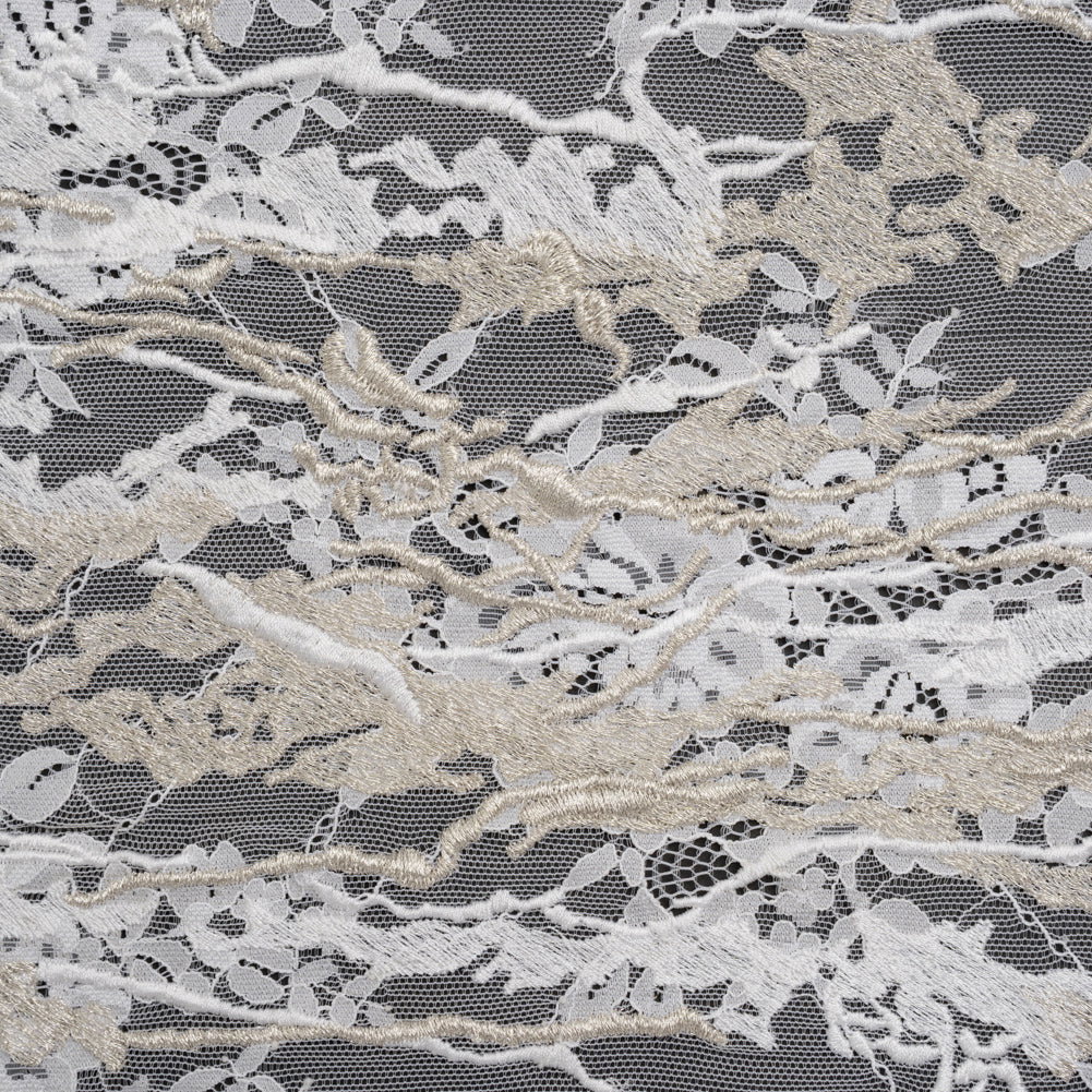 Image of Metallic Embroidered Raschel Lace - Off White and Silver Floral and Waves with Scalloped Border