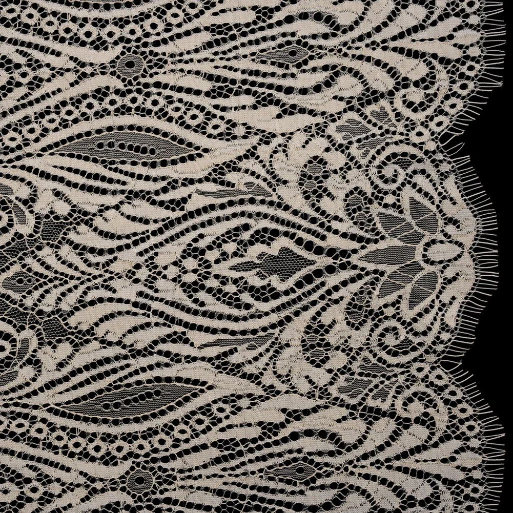 Image of Raschel Lace with Scalloped Finished Edges - Bleached Sand Abstracted Floral