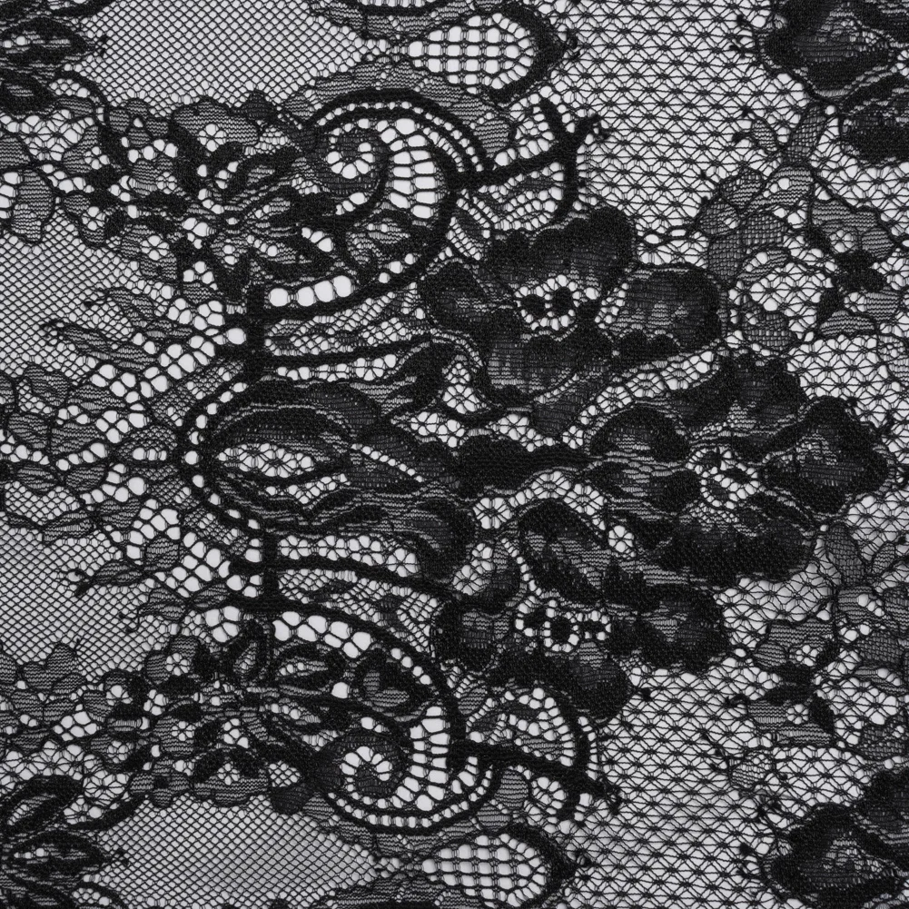 Image of Luminous Re-Embroidered Lace - Black Floral and Paisley with Scalloped Border