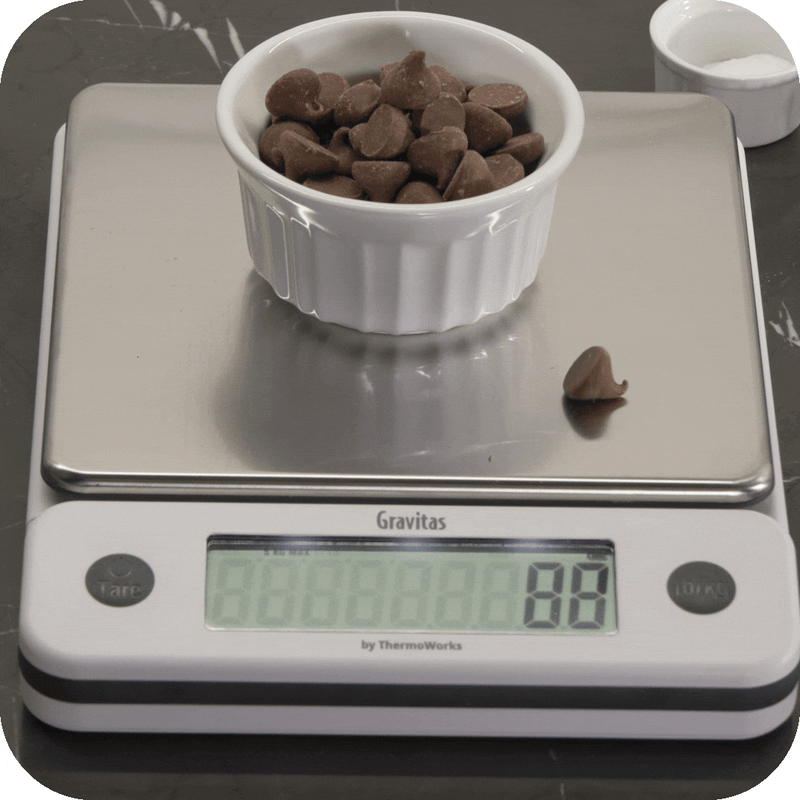 GIF of Gravitas Weighing Poured Chocolate Chips
