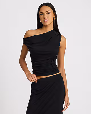 Mesh Asymmetrical One Shoulder Ruched Top