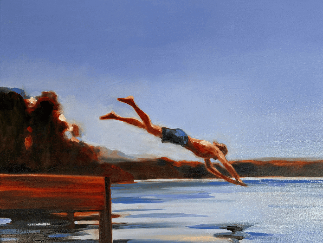 Painting of man diving off pier