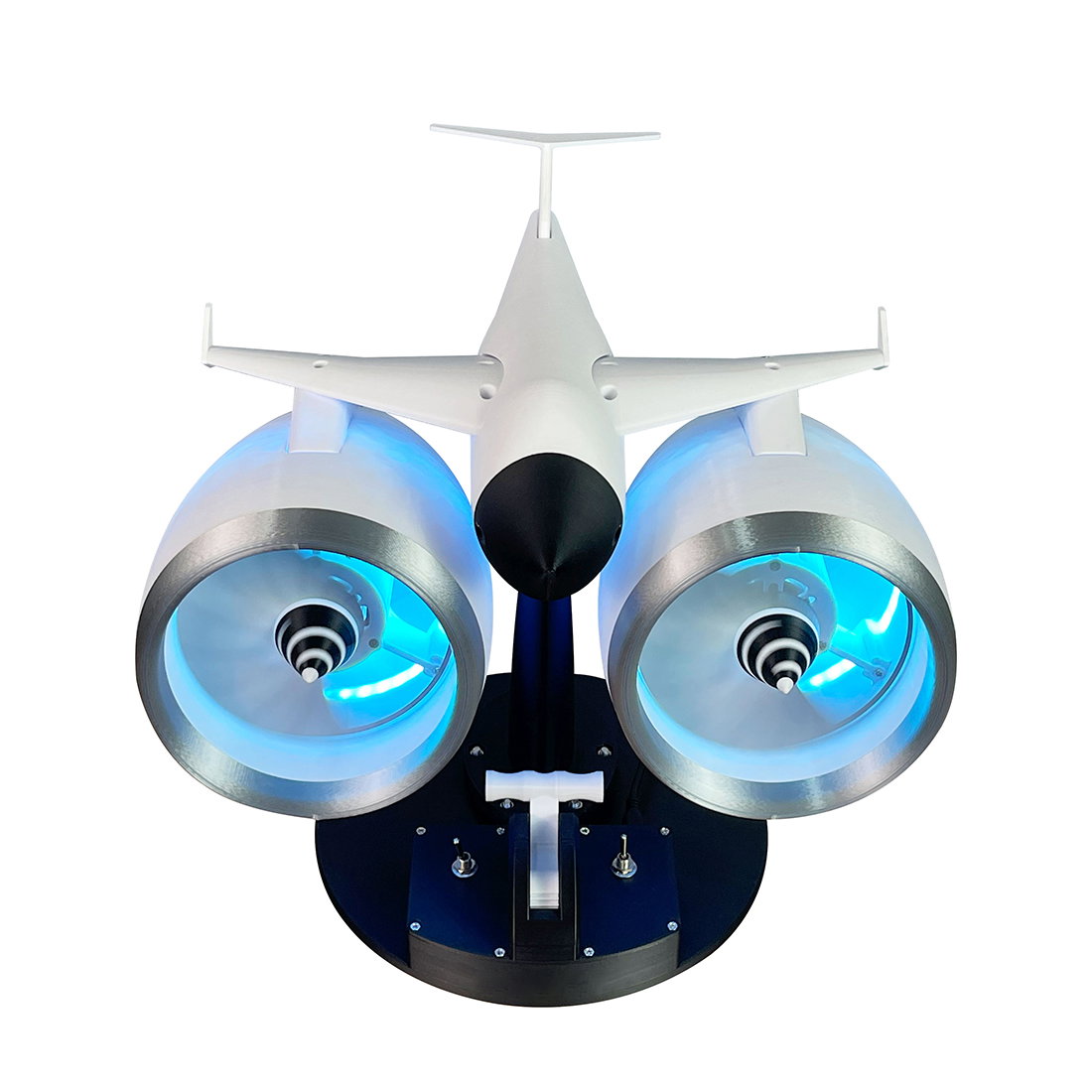 3D Printed Twin Turbo Jet Engine Desktop Fan with LED Light, Adjustable Speed Aviation Display Model