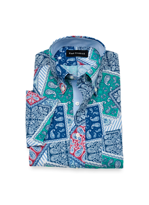 Non-Iron Cotton Bandana Short Sleeve Dress Shirt With Contrast Trim - Blue Multi-Classic Fit / 17.5