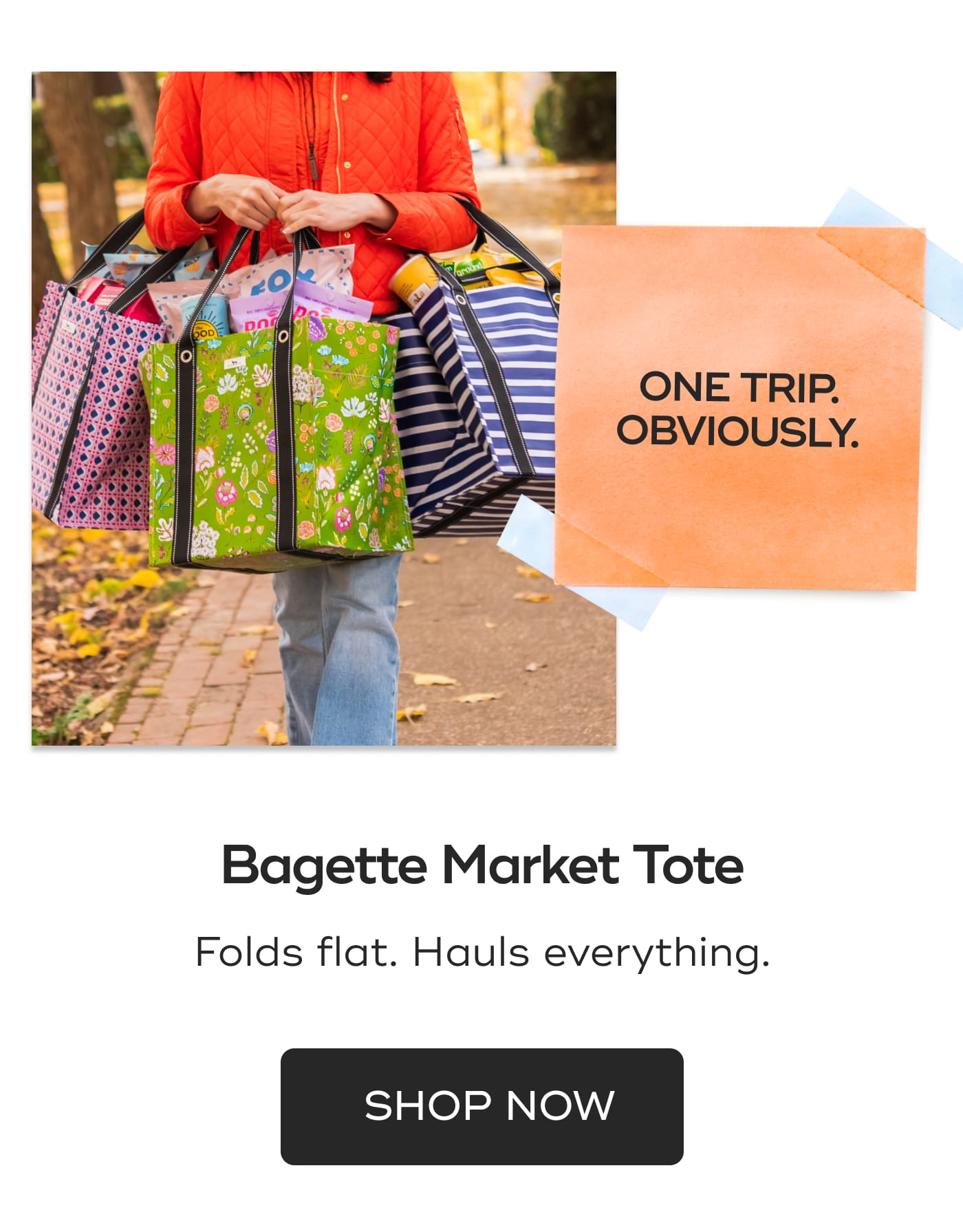 ONE TRIP. OBVIOUSLY. Bagette Market Tote. Folds flat. Hauls everything. SHOP NOW