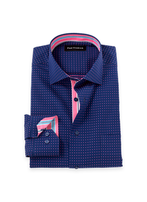 Non-Iron Cotton Dot Dress Shirt With Contrast Trim - Navy/pink-Classic Fit / 17 / 35