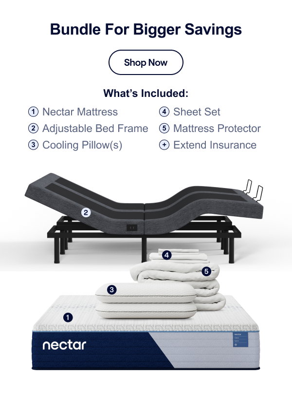 Nectar Adjustable Bundle Details: Mattress, Frame, Pillow(s), Sheet Set, Mattress Protector & Extend Insurance