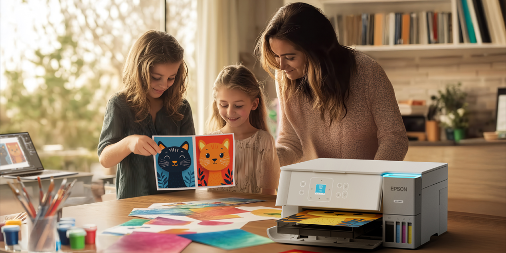 Image of 2 children holding up a print of cats next to an adult and an Epson printer.