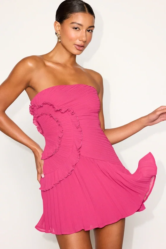 Image of Brylee Fuchsia Pink Pleated Ruffled Strapless Mini Dress