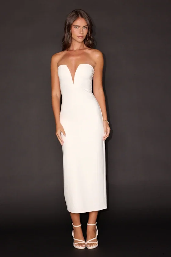 Image of Iniko White Strapless Bodycon Midi Dress