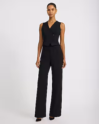 V-Neck Asymmetrical One Button Wide Leg Jumpsuit