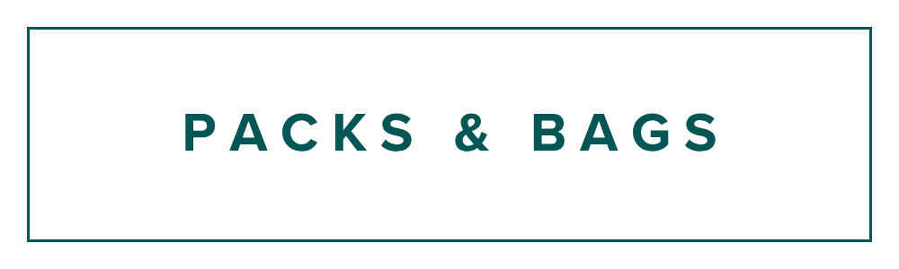 Teal box with teal 'packs & bags' text inside