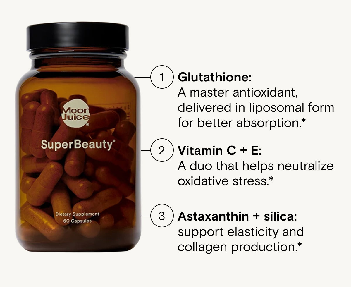 1. Glutathione: A master antioxidant, delivered in liposomal form for better absorption.* 2. Vitamin C + E: A duo that helps neutralize oxidative stress.* 3. Astaxanthin + silica: support elasticity and collagen production.*
