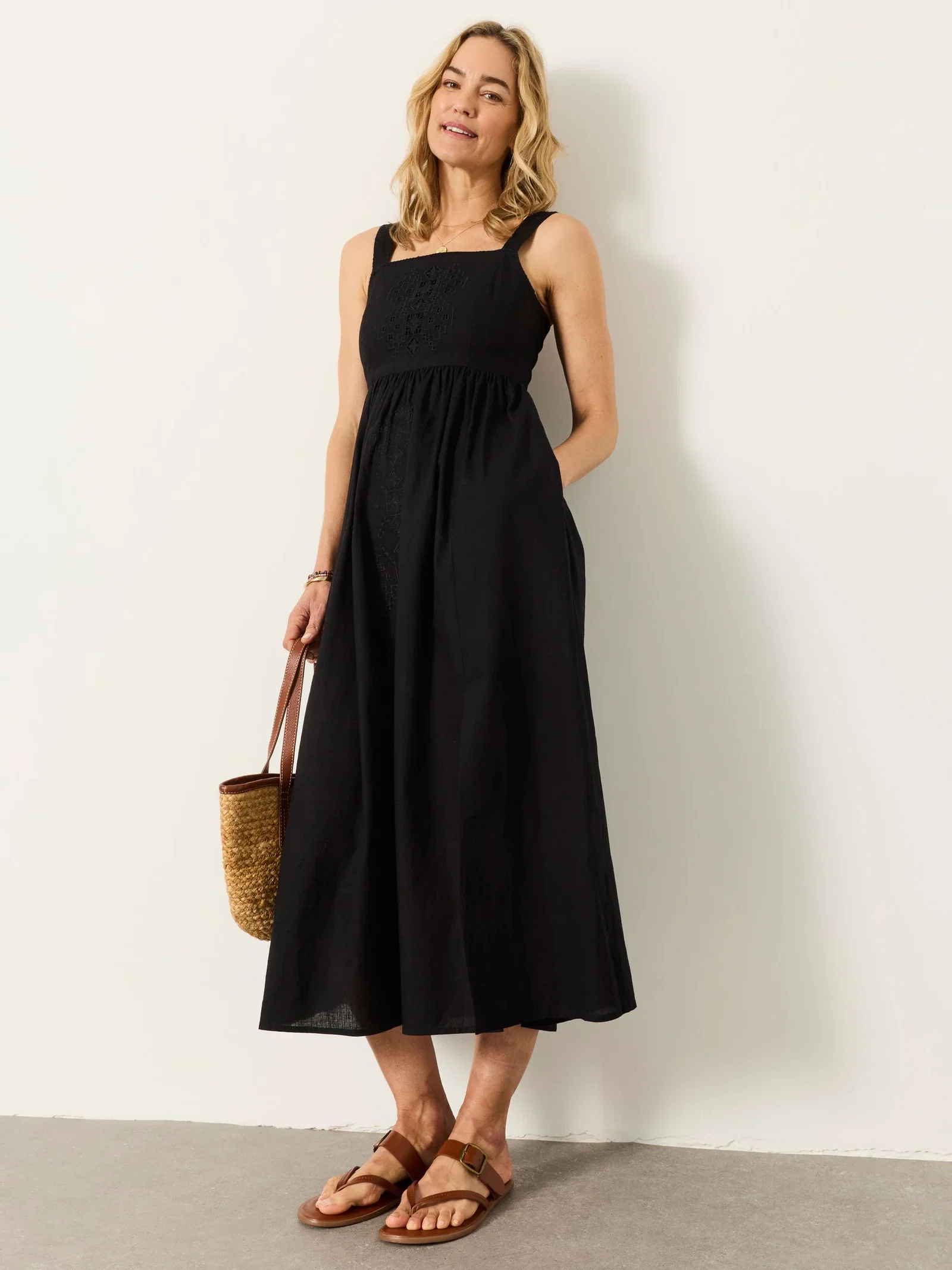 FatFace Gili Black Embroidered Midi Dress