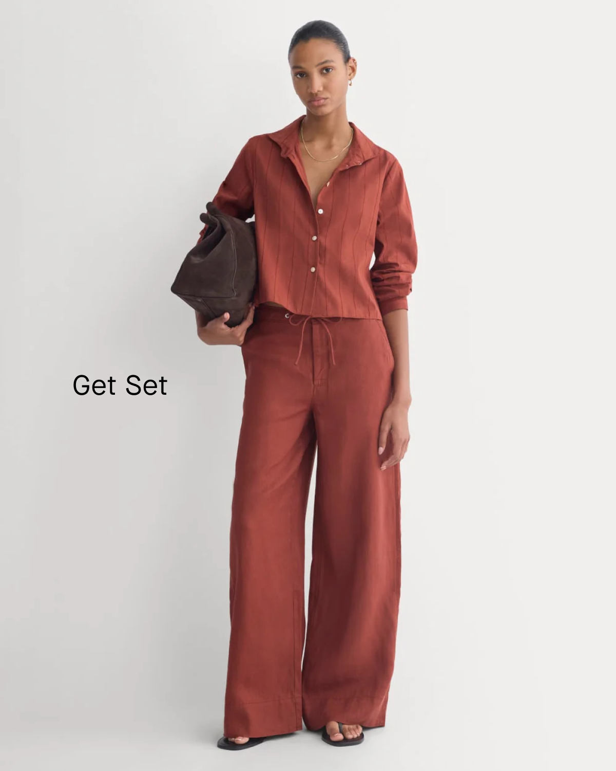 Image | Get Set | Model wearing Textured Mini Collar Shirt | Henna Red