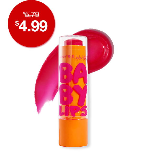 Baby Lips Lip Balm Packshot with a textured formula swatch behind it and a badge showing the price reduction deal from $5.79 to $4.99 during the CVS Epic Beauty Sale Event