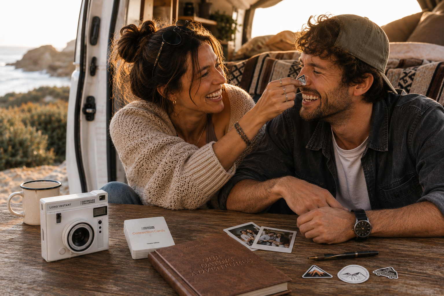 Couple laughing together in a camper while creating memories, with instant photos, a camera, connection cards, and a dating adventure journal spread across the table.