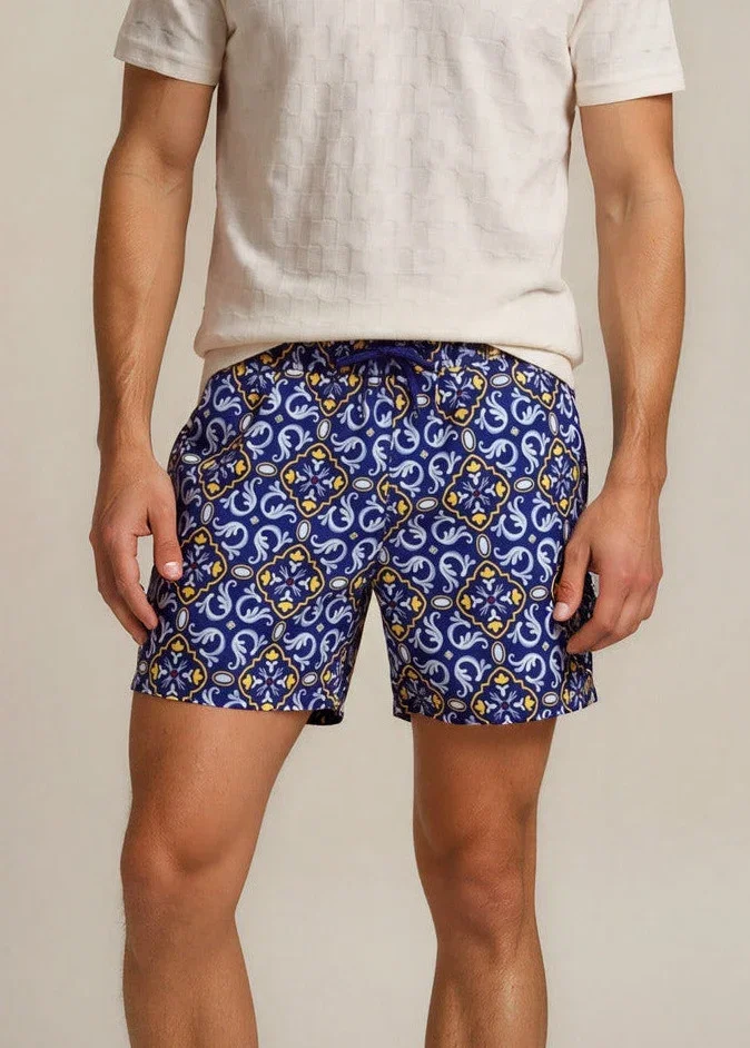 Image of Blue Royal Geometric Print Swim Shorts