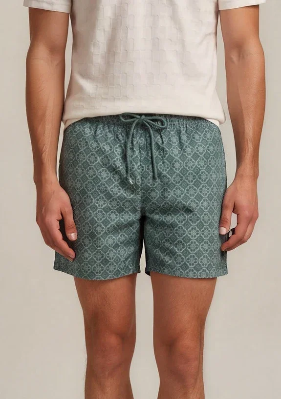 Image of Forrest Green Geometric Print  Swim Shorts