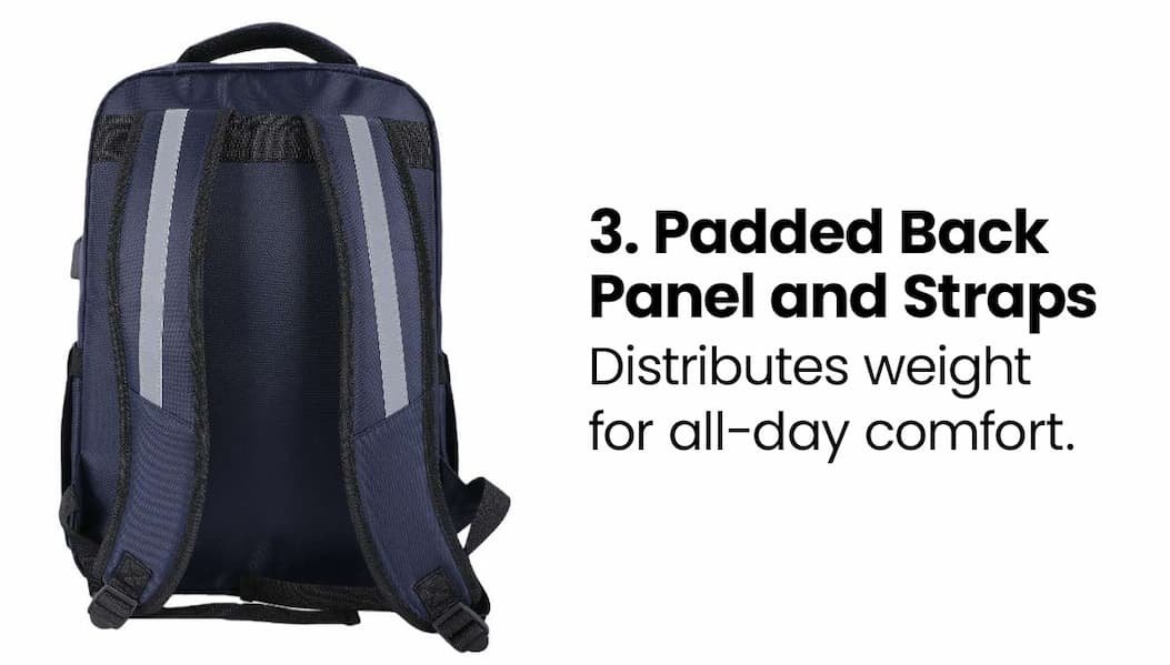 3. Padded back panel and straps: distributes weight for all-day comfort.