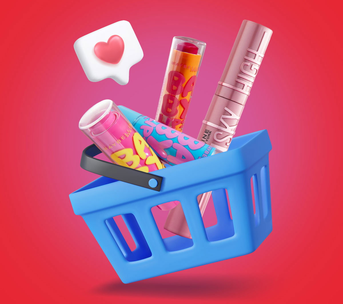 Cartoon graphic of a blue shopping basket filled with multiple different Baby Lips Lip Balms and Lash Sensational Sky High Mascara against a vibrant pink-red background
